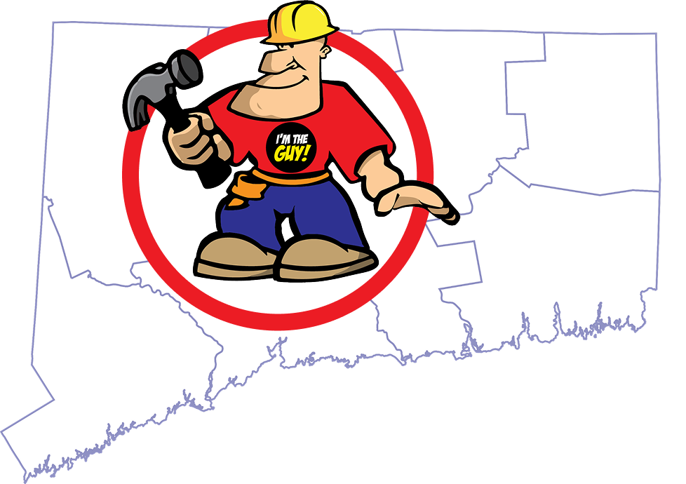 A cartoon of a man holding a hammer and wearing a shirt that says I'm the Guy with a map of Connecticut as the background..