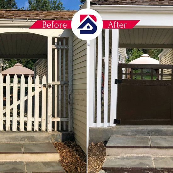 A before and after picture of a house with a fence