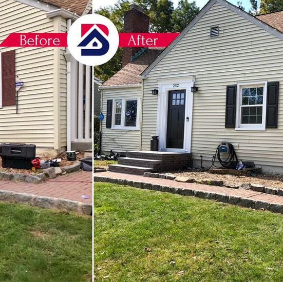A before and after picture of a house with a black door