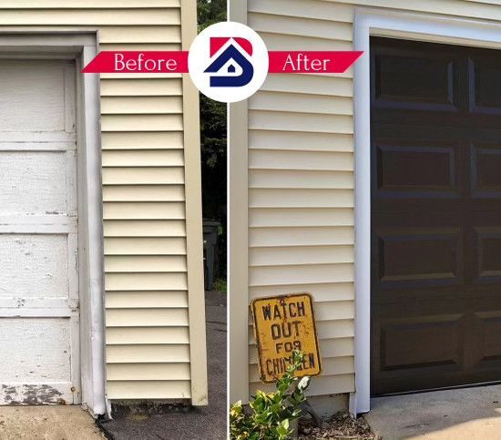 A before and after picture of a garage door