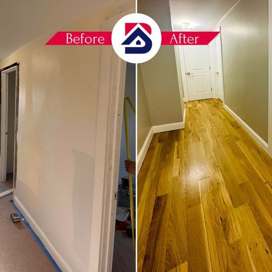 A before and after photo of a hallway with hardwood floors