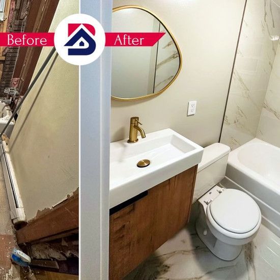 A before and after photo of a bathroom with a sink and toilet