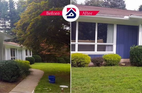A before and after picture of a house that has been painted blue