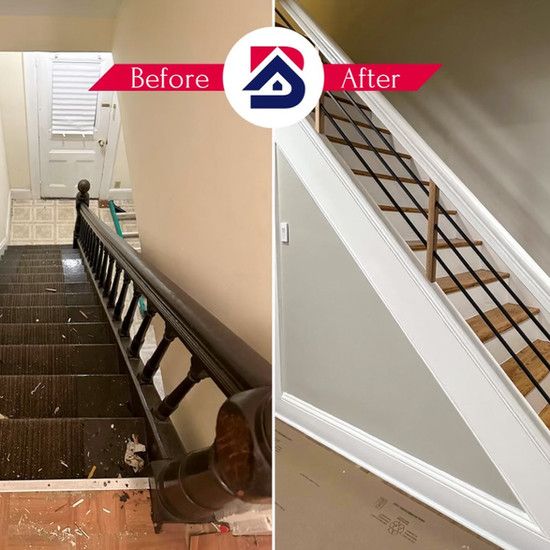 A before and after photo of a staircase