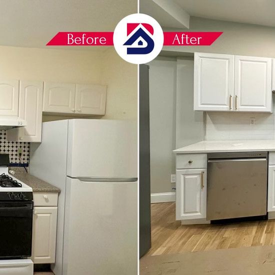 A before and after photo of a kitchen with white cabinets