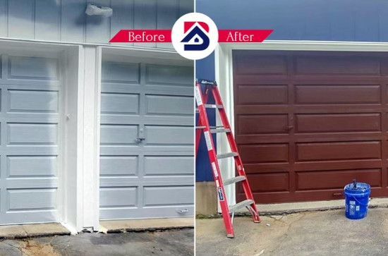 A before and after picture of a garage door being painted