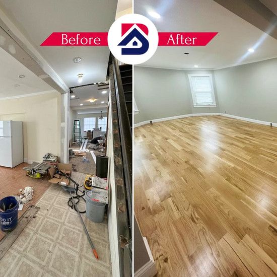 A before and after photo of a room with hardwood floors