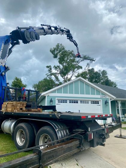 A truck with a crane attached to it is cutting a tree.