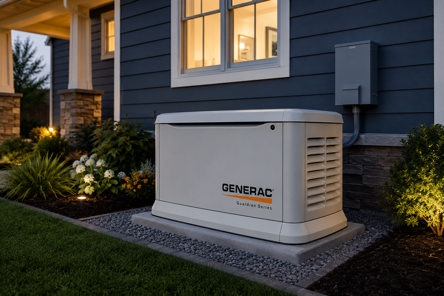 A beige Generac home generator beside a house at dusk, with lit windows and landscaped garden.