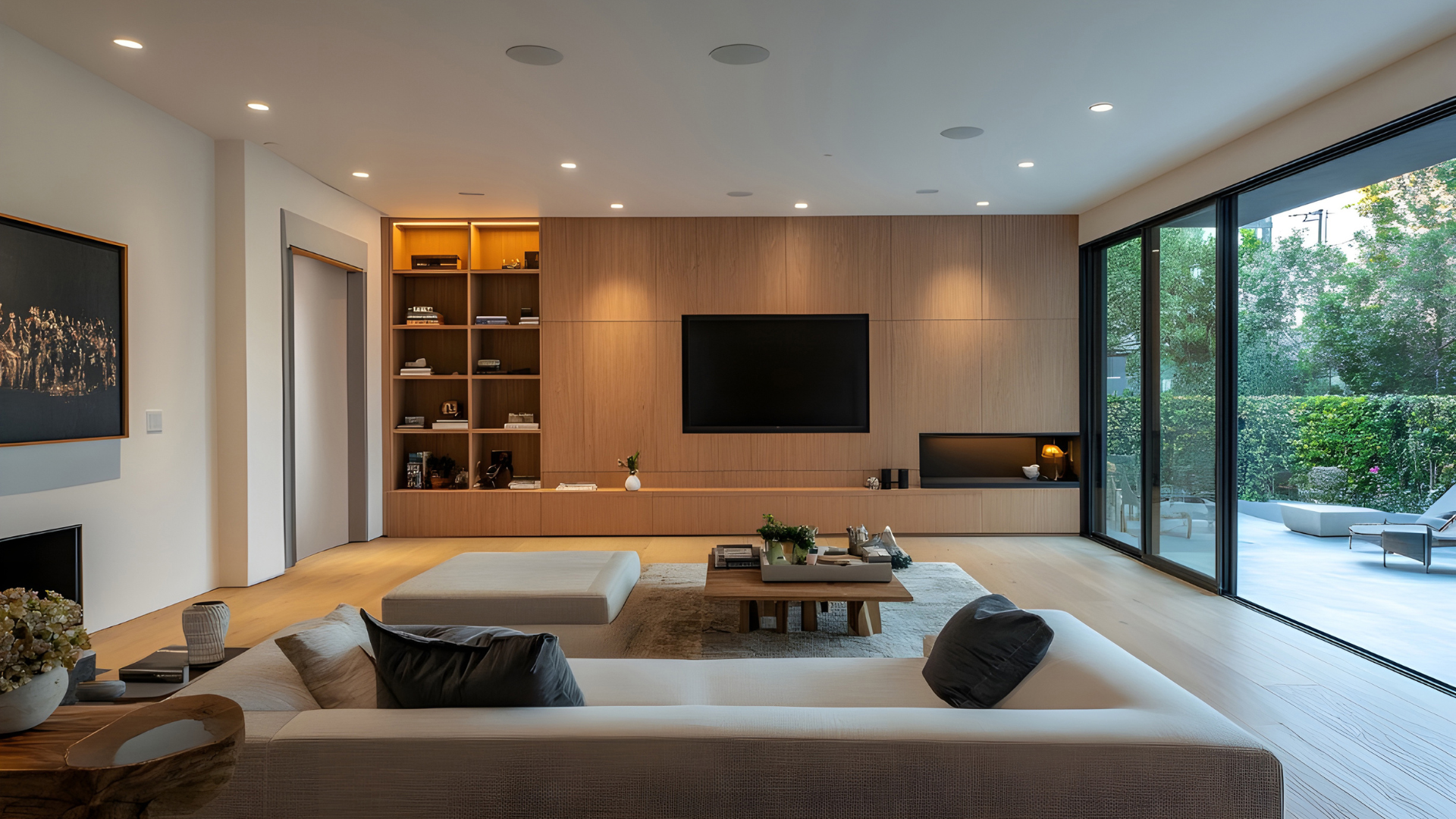 Modern living room with large sectional sofa, wood media wall, and floor-to-ceiling windows overlooking a patio