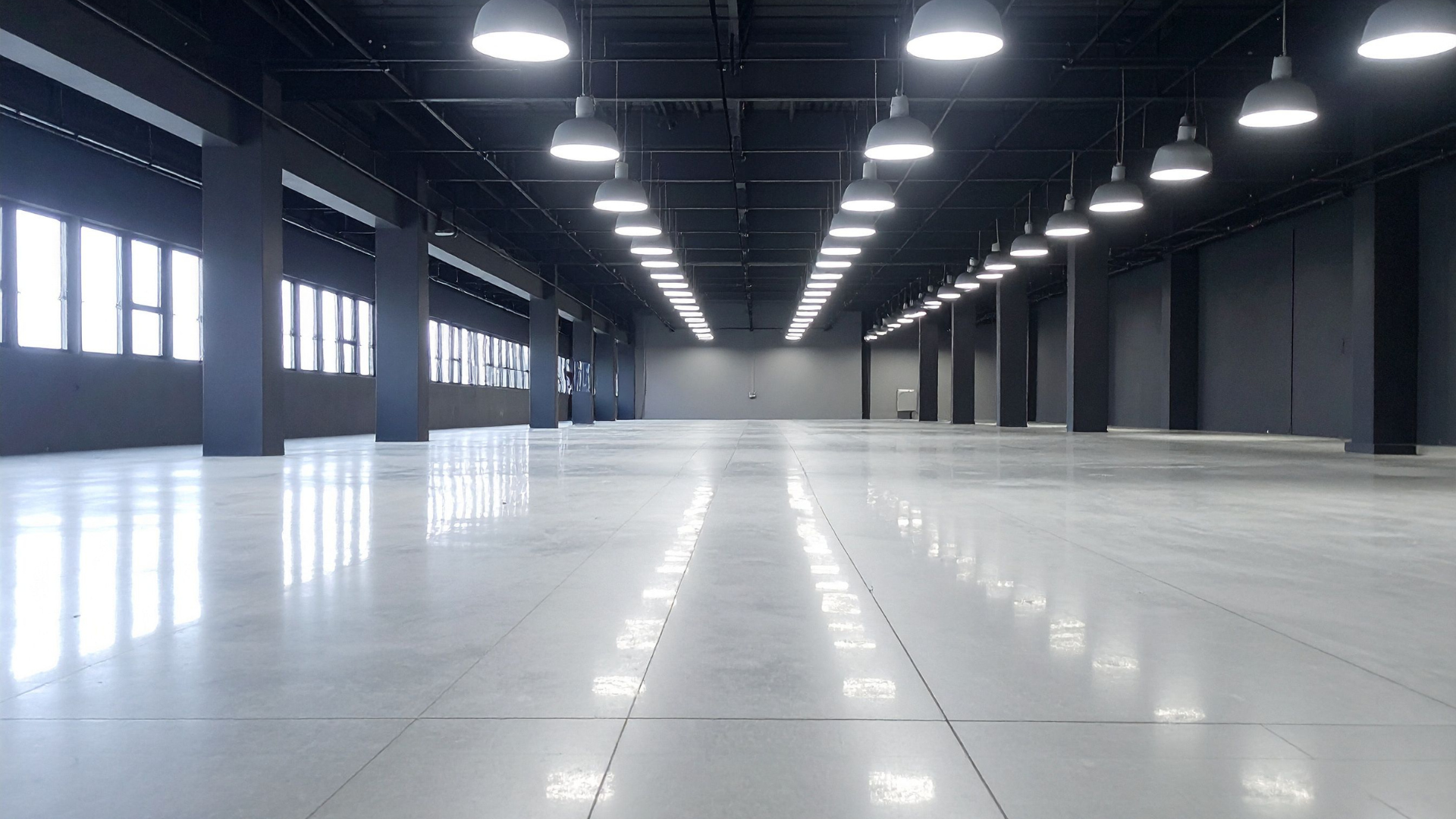 Empty industrial warehouse with glossy white floor and rows of overhead lights.
