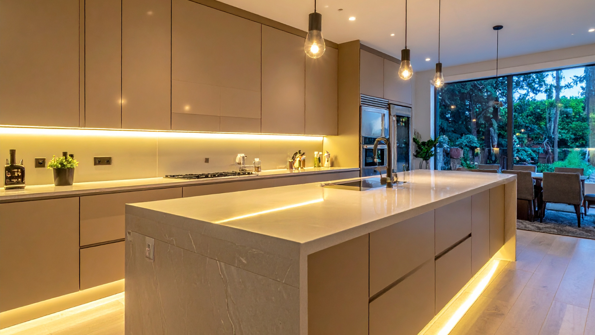 Modern open-plan kitchen with large island, warm under-cabinet lighting, and glass doors to a garden lounge.