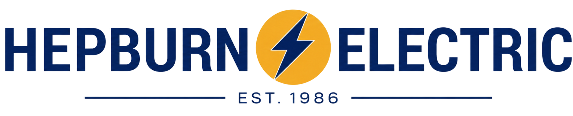 Hepburn Electric logo in blue and gold with a lightning bolt icon and “Est. 1886” text