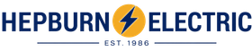 Hepburn Electric logo in blue and gold with a lightning bolt icon and “Est. 1886” text