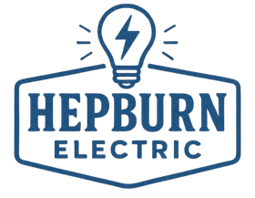 Hepburn Electric logo with blue and gold text, lightning bolt icon, and “Est. 1986” beneath.