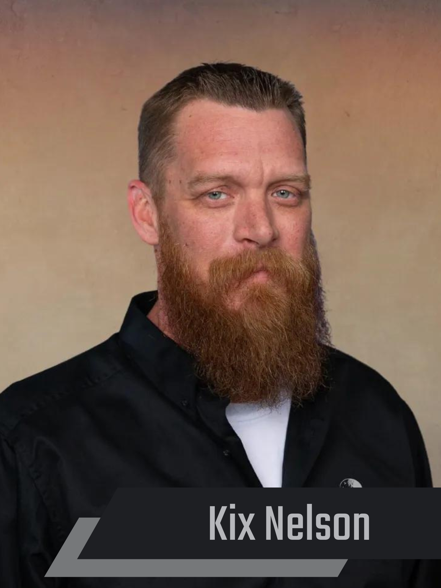 A man with a beard and the name kix nelson on the bottom