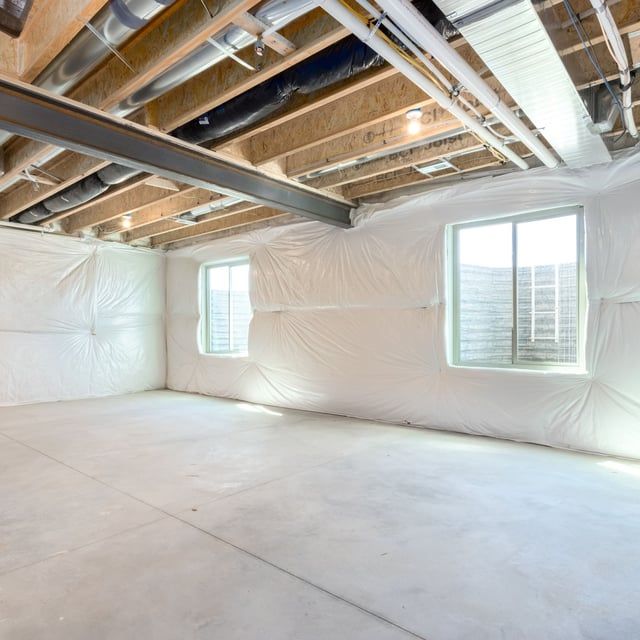 An empty basement with a lot of windows