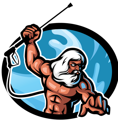 A muscular, bearded figure wielding a pressure washer in front of a blue, wavy circular background.