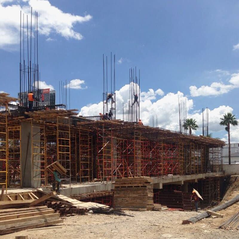 Un gran edificio en construcción con andamios y palmeras