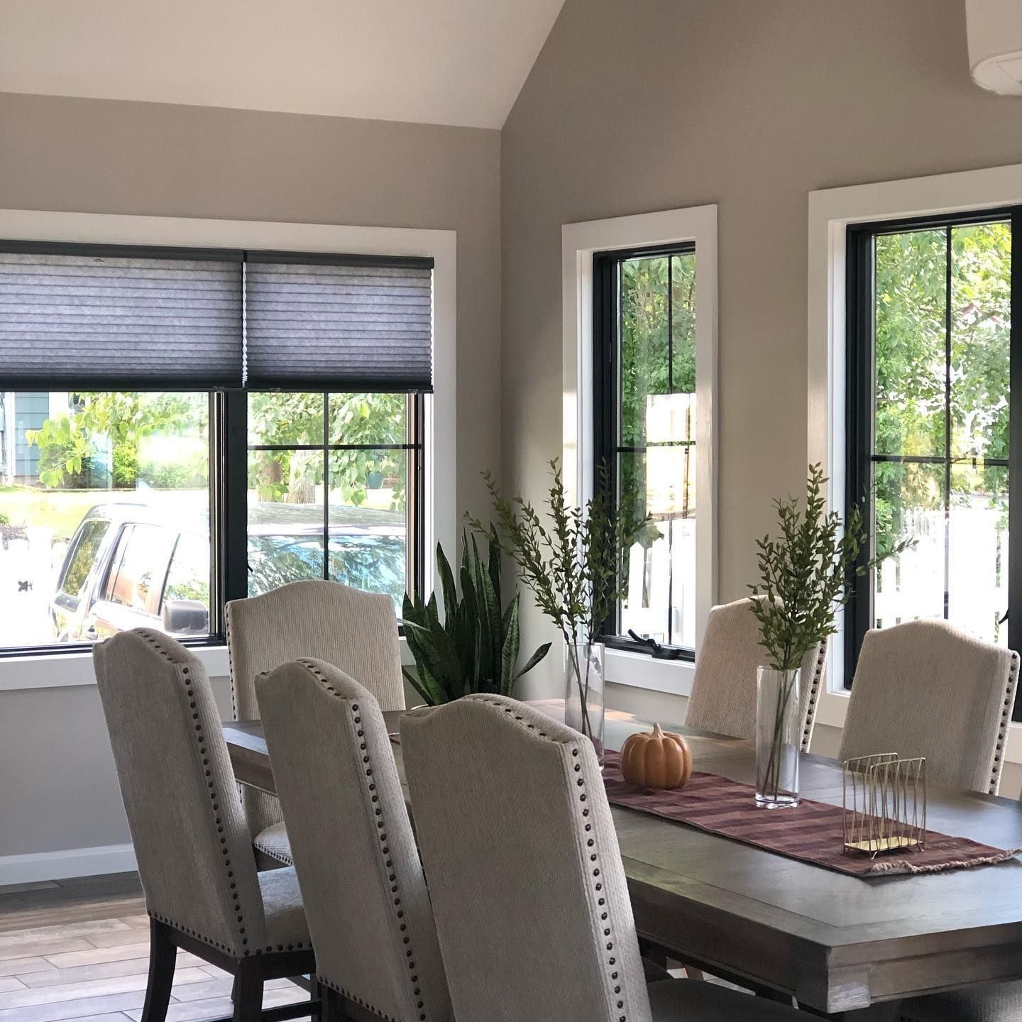 Dining room with table set for a meal near windows. Beige chairs, gray blinds, plants and a pumpkin are on the table.