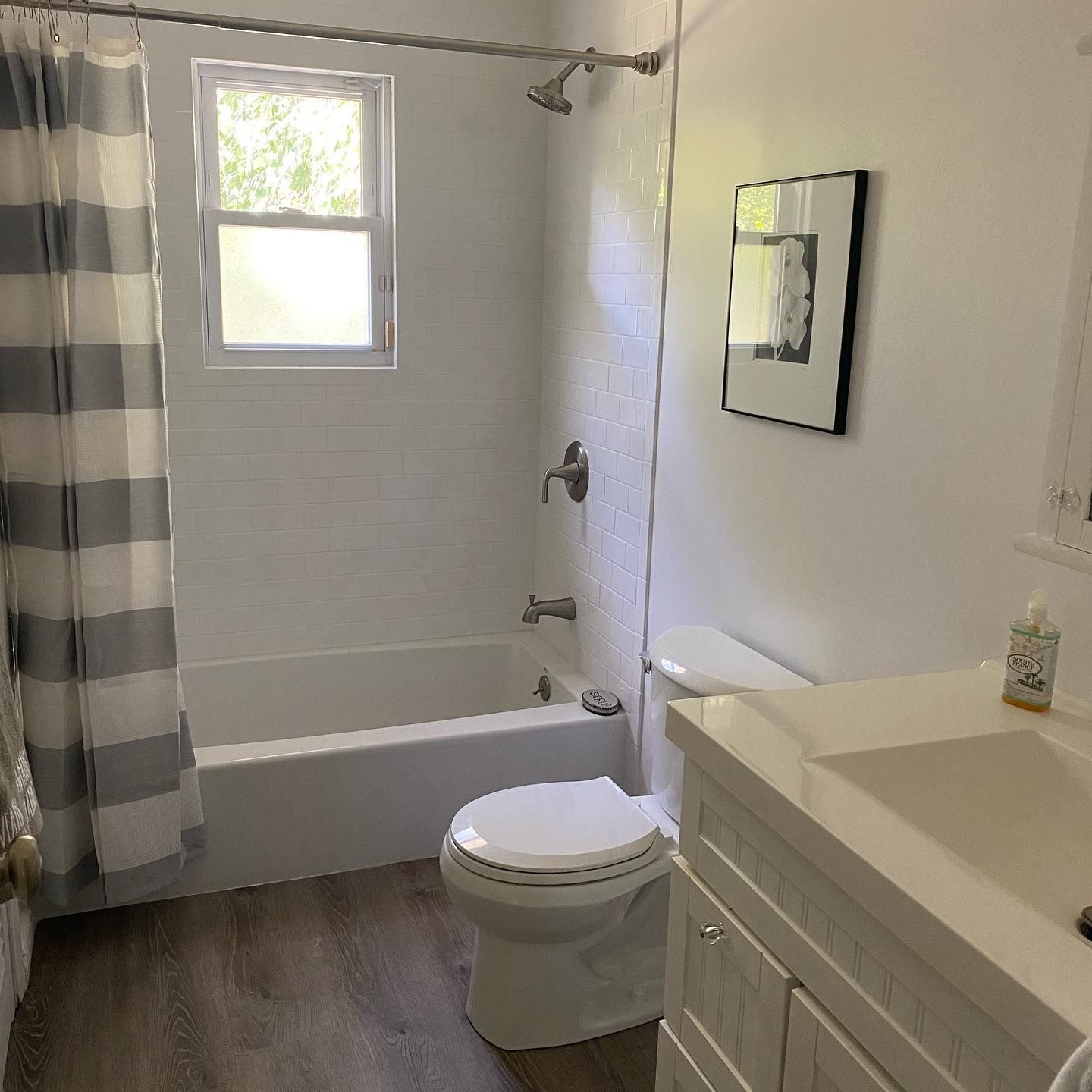 Bathroom with white walls, tub, shower, toilet, and vanity with dark wood-look flooring and striped shower curtain.