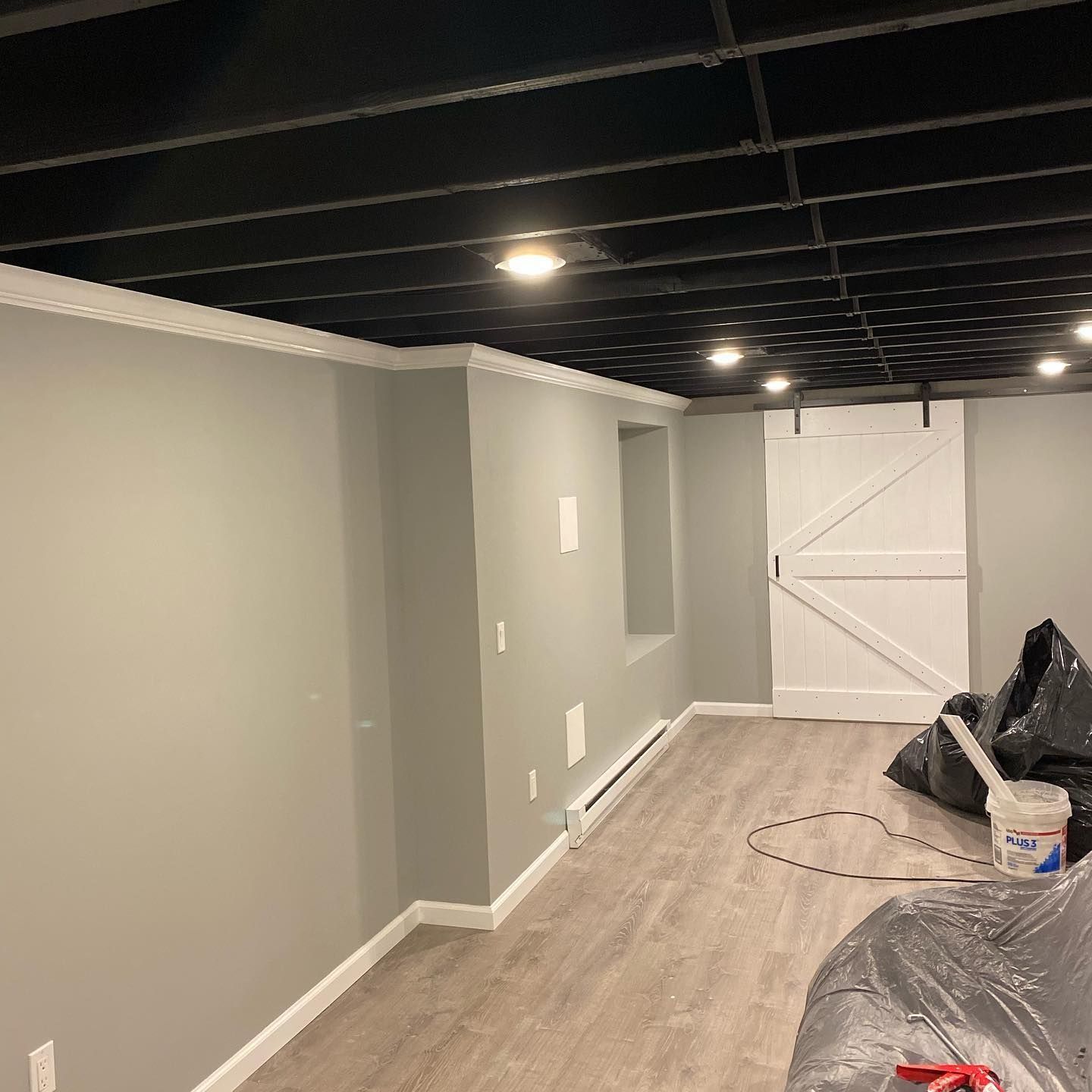 Gray-painted basement with a black drop ceiling, recessed lighting, and a white barn door.