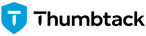 Thumbtack logo: blue shield with a white “T” and the word “Thumbtack” in black text.