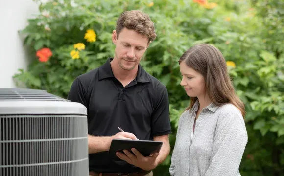 Technician reviewing notes with a homeowner beside an outdoor HVAC unit in a garden