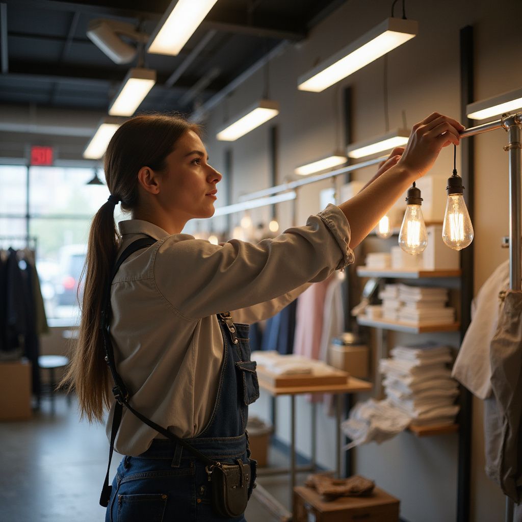 A worker in denim overalls adjusts Edison bulbs hanging from a display rack in a brightly lit clothing store.