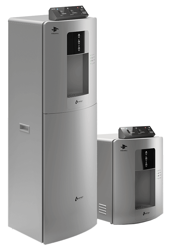 Two water dispensers are sitting next to each other on a white background.