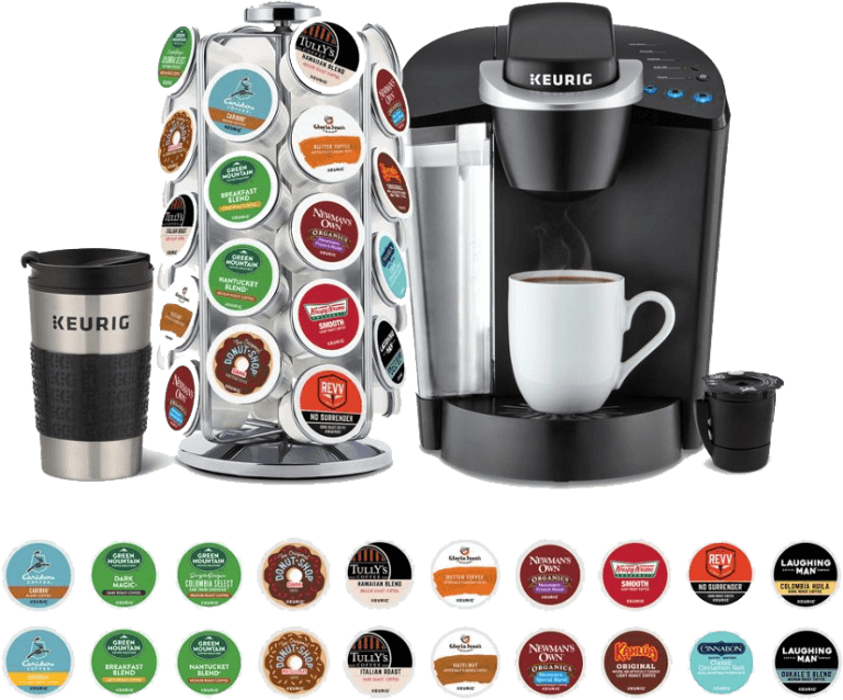 A keurig coffee maker with a cup of coffee and a mug.