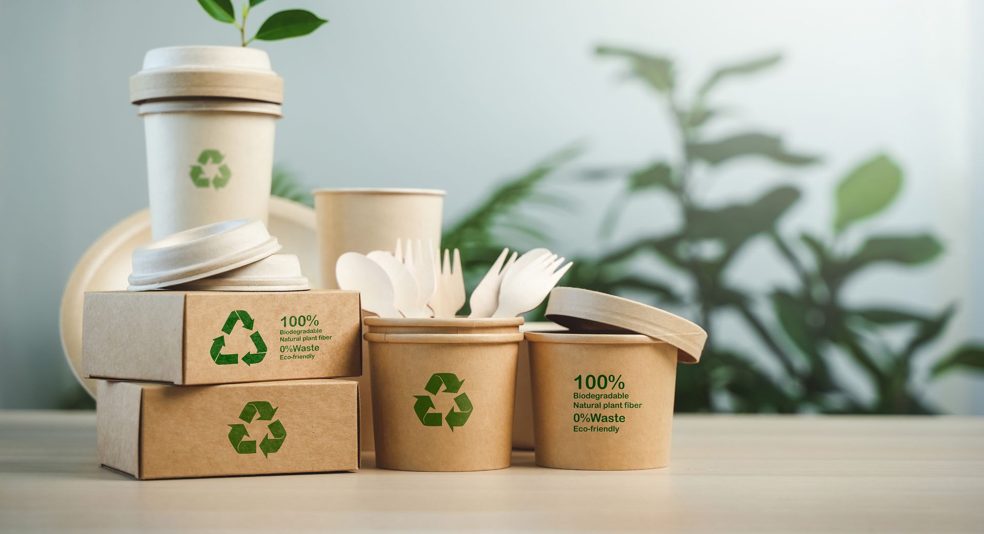 A stack of recycling boxes , cups , utensils and plates on a table.