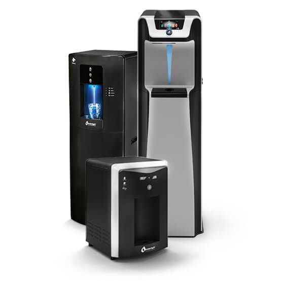 Three water dispensers are sitting next to each other on a white background.