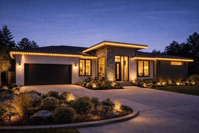 Modern single-story house at dusk with warm exterior lights and a curved driveway