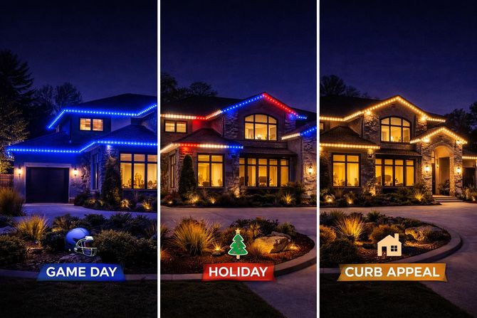 Three holiday lighting styles on a house: blue “game day,” red “holiday,” and warm “curb appeal” lighting.