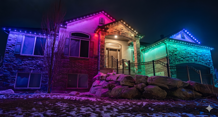 House lit with colorful pink, purple, blue, and green holiday lights at night against a snowy backdrop
