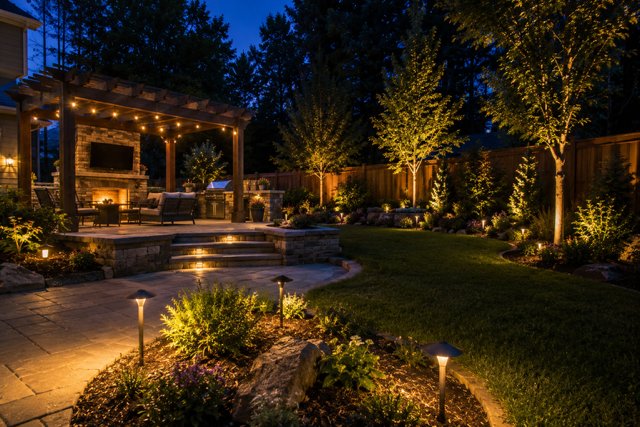 Illuminated backyard patio and garden at night with stone path, gazebo, and warm landscape lighting