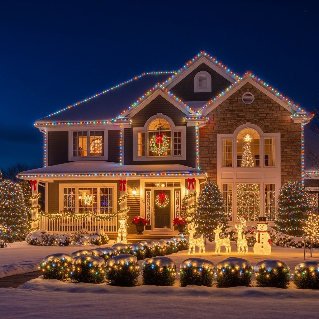 Snow-covered house glowing with Christmas lights, wreaths, and decorated trees at night