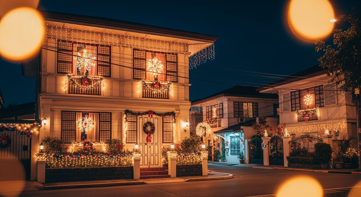 Warmly lit historic buildings at night, with glowing windows and a quiet street scene.