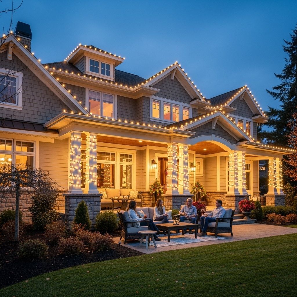 Lit craftsman-style house with string lights and people chatting on a front patio at dusk