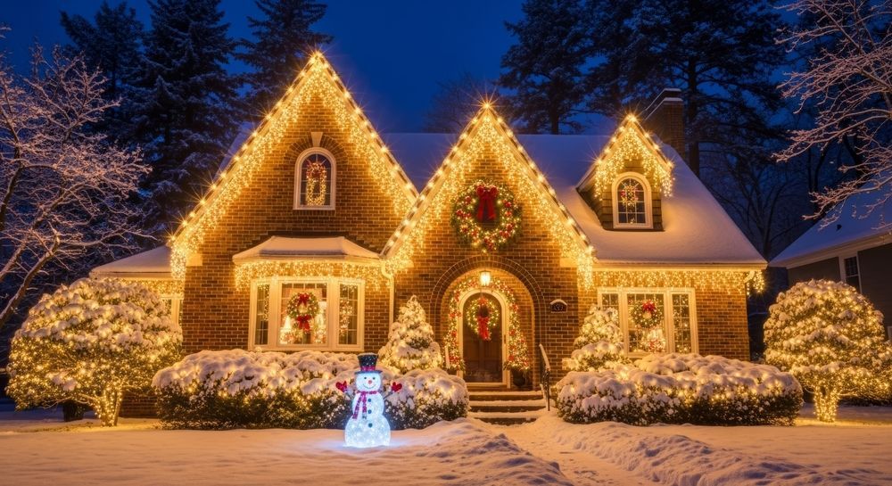 Snowy house glowing with warm Christmas lights, decorated front yard, and a lit snowman at night