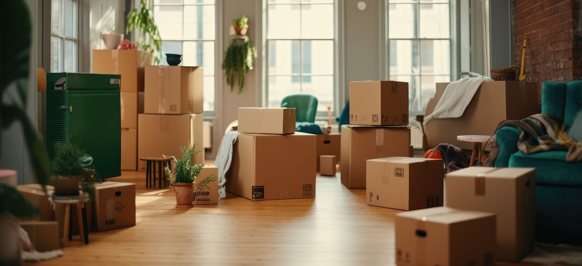 Pièce remplie de cartons, signe d'un déménagement. Grandes fenêtres, canapé vert et plantes.