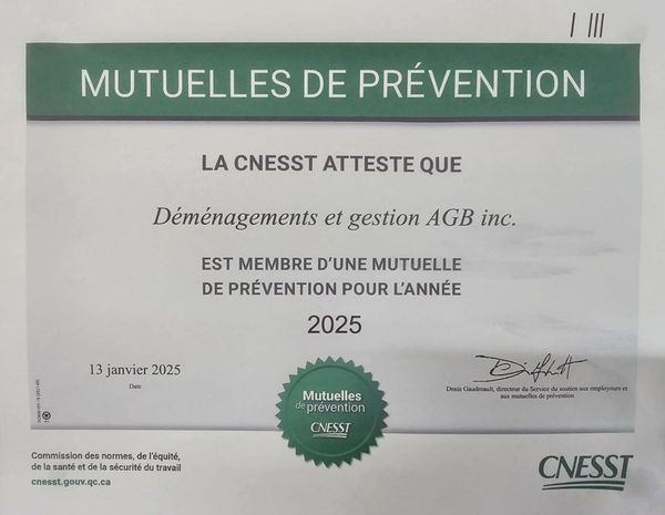 Attestation attestant que Déménagements et gestion ACB inc. est membre d'une mutuelle de prévention pour l'année 2025, délivrée par la CNESST.