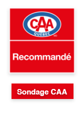 Logo CAA Québec : rectangle rouge avec texte blanc « Recommandé » et « Sondage CAA », haut avec cercle CAA bleu et rouge.