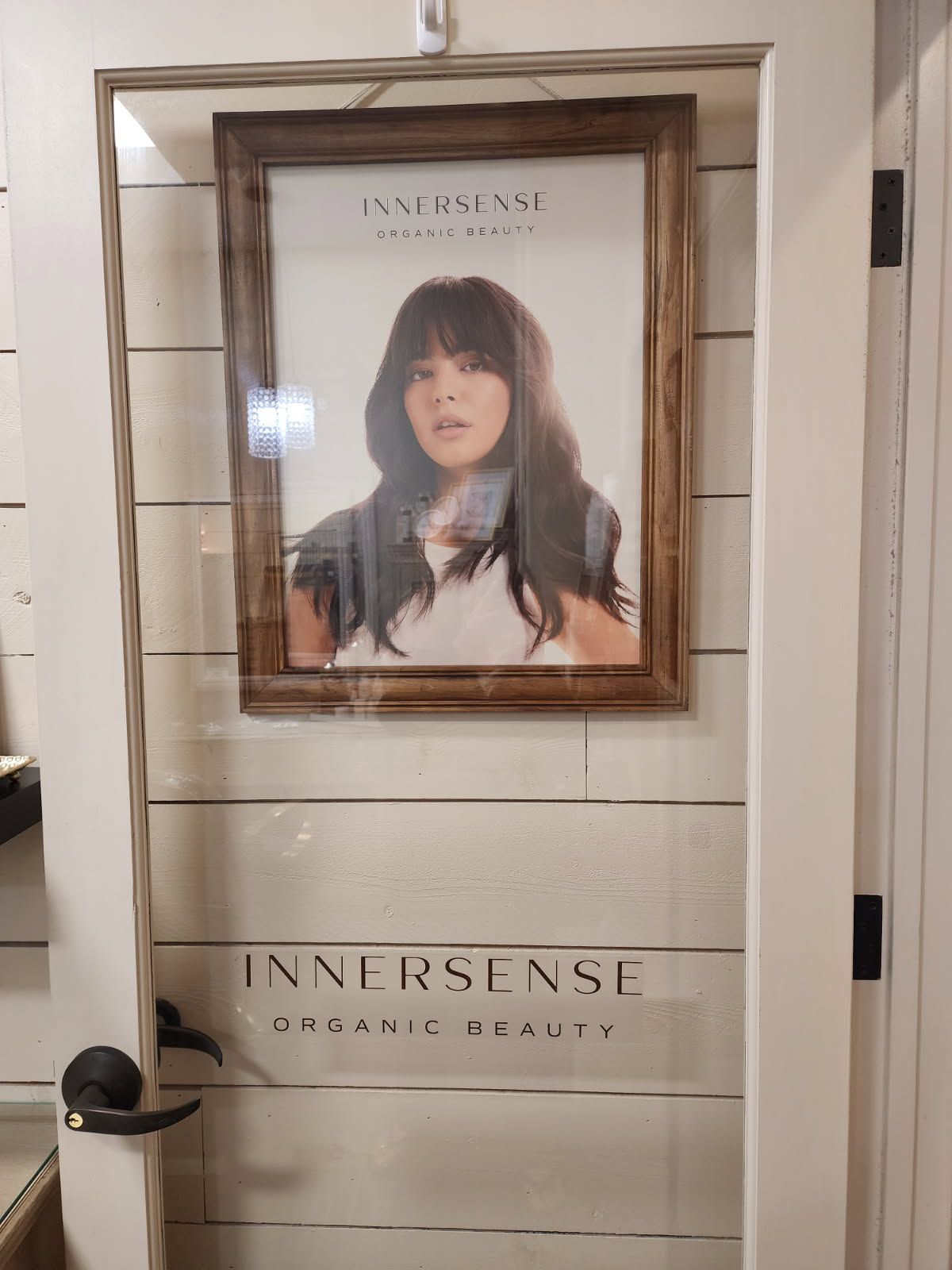 A picture of a woman in a frame is hanging on a door.