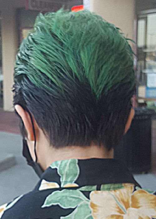 The back of a person 's head with green hair