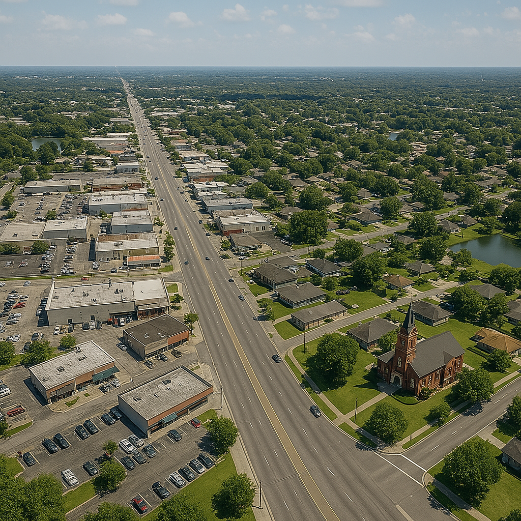 An aerial view of a residential area with a church in the middle