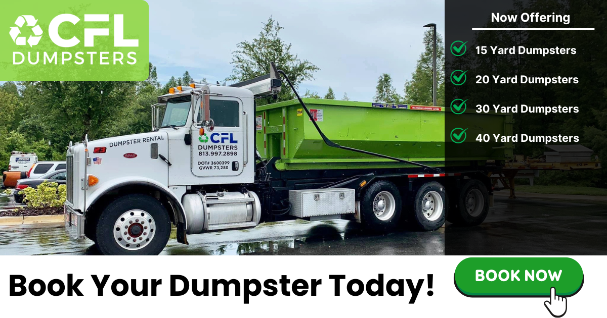 An ad for cfl dumpsters shows a green dumpster