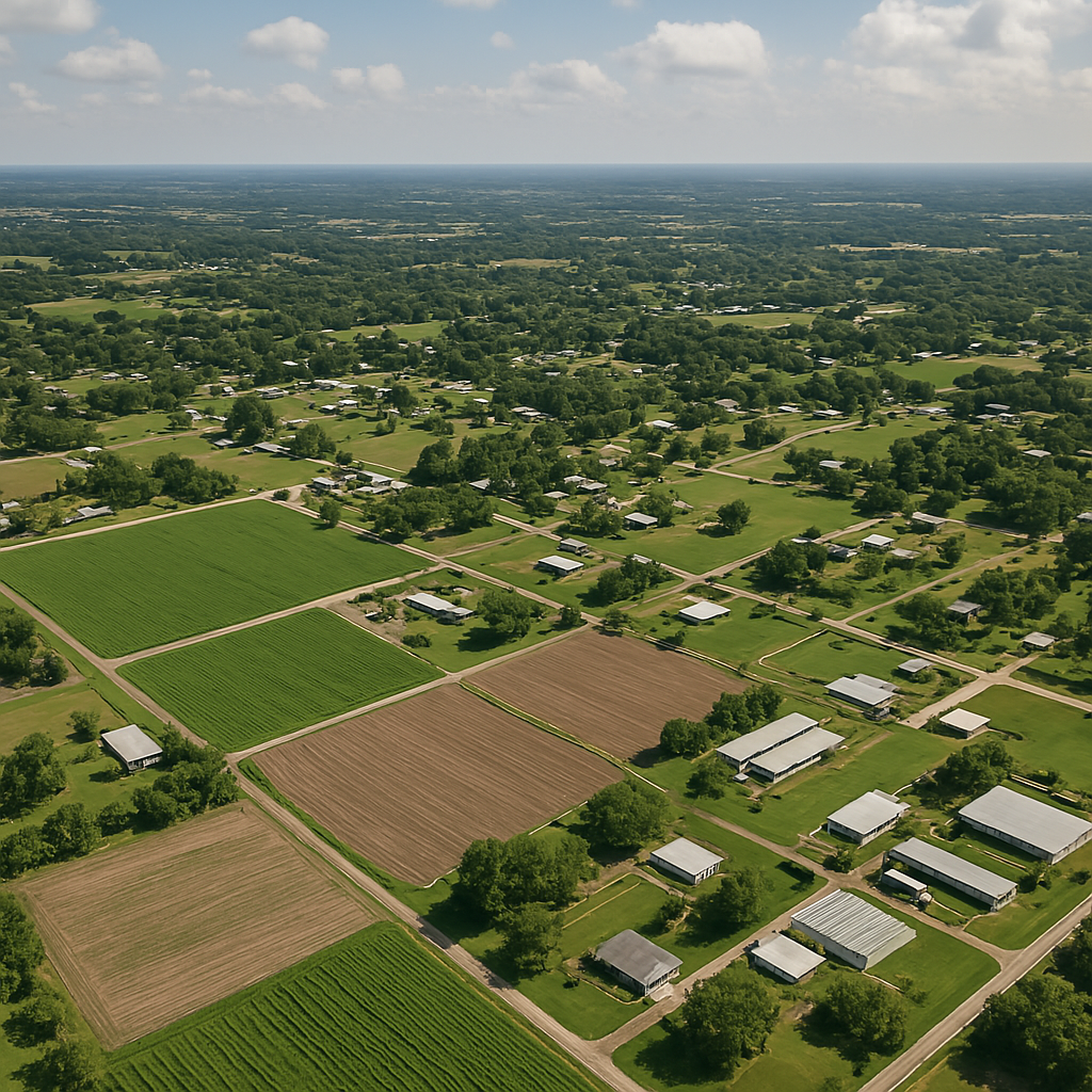 An aerial view of a residential area with lots of houses and fields