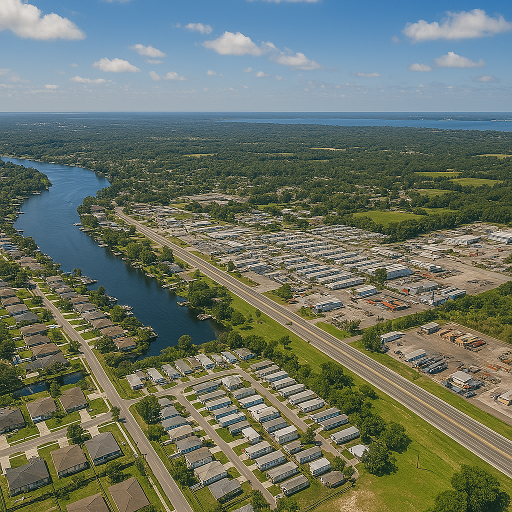 An aerial view of a residential area with a river running through it.